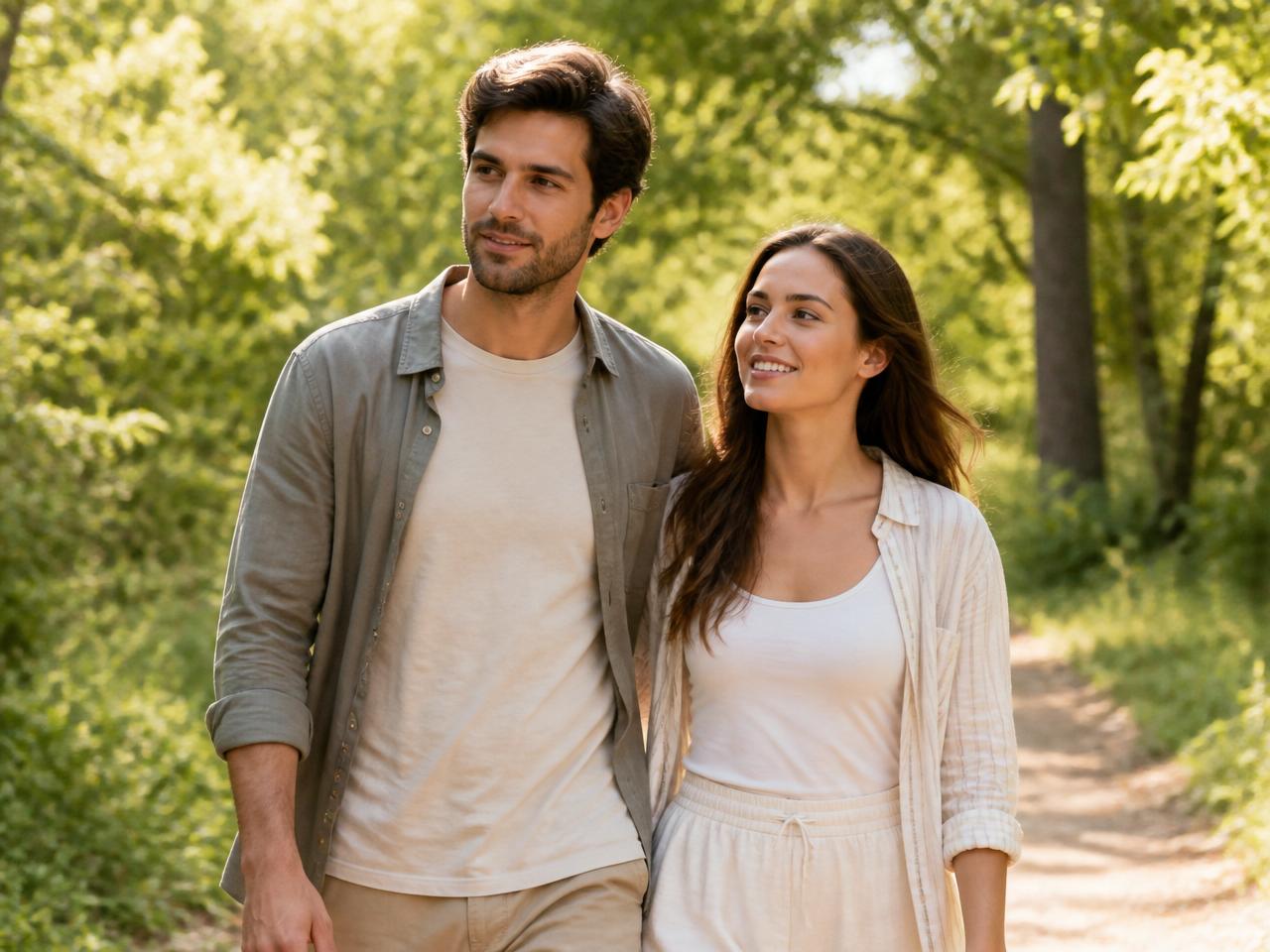 Pareja joven caminando juntos en un sendero natural, con luz dorada y expresiones serenas y esperanzadoras