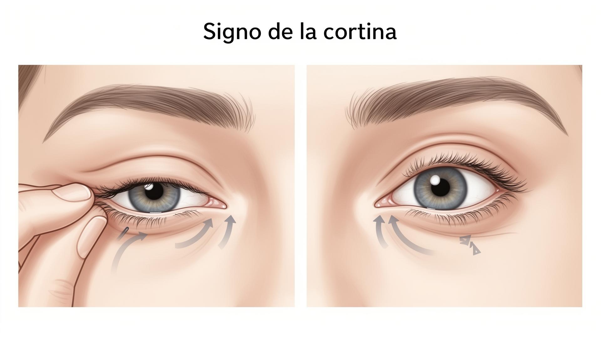 Signo de la cortina en miastenia gravis: al elevar manualmente un párpado caído, el párpado contralateral comienza a descender